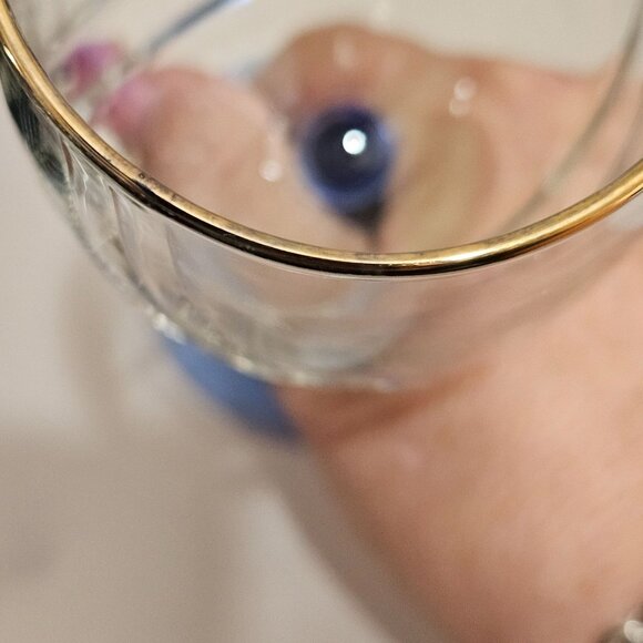 Libbey Crystal Blue Cobalt Wine Water Goblets 8.2" swag drape bowl gold rim (4) - Picture 8 of 8